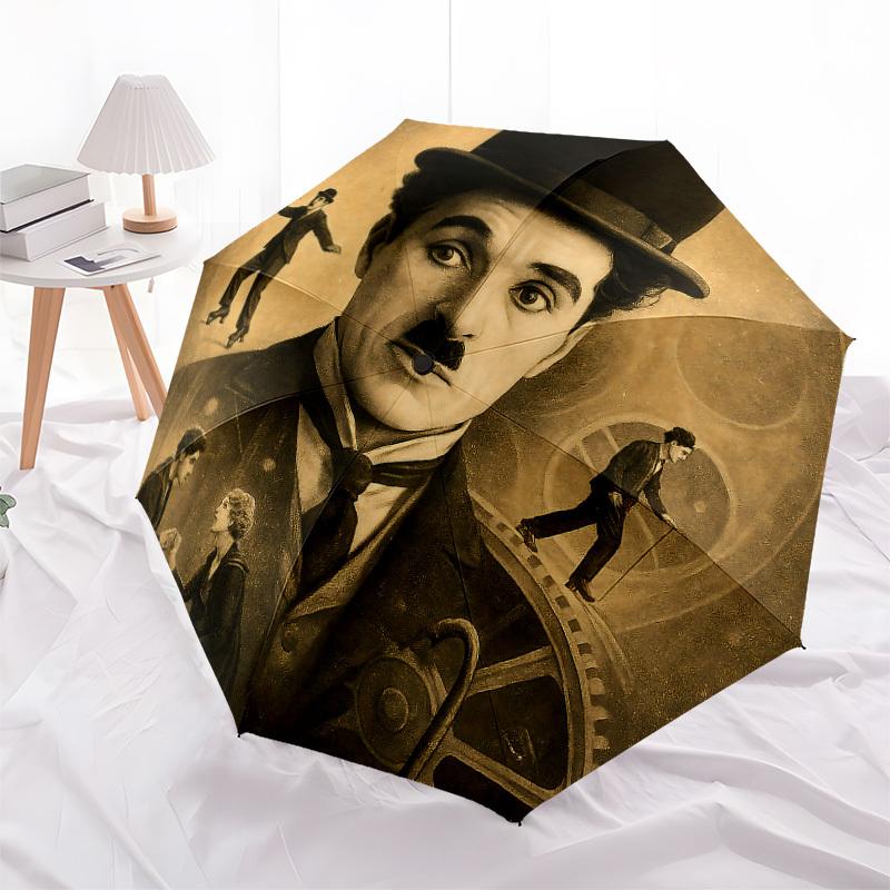 1pz Ombrello Pieghevole Automatico Charlie Chaplin, Design Pieghevole Portatile, Accessorio Casual da Esterno L1127113