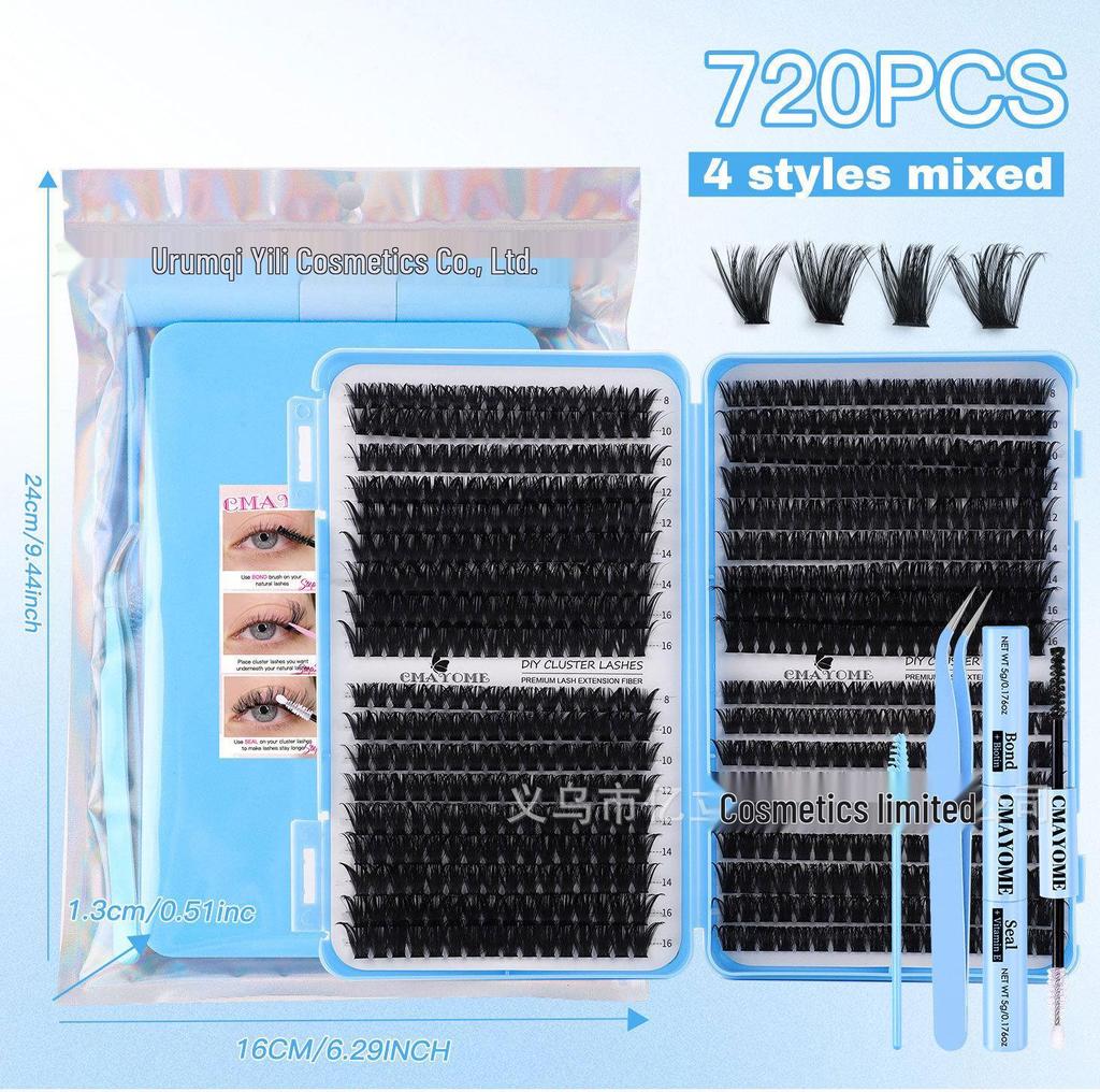 DIY Natural Dense Cluster False Eyelashes, Self-Adhesive 720 Segmented 10150D Curl, Individual Clusters