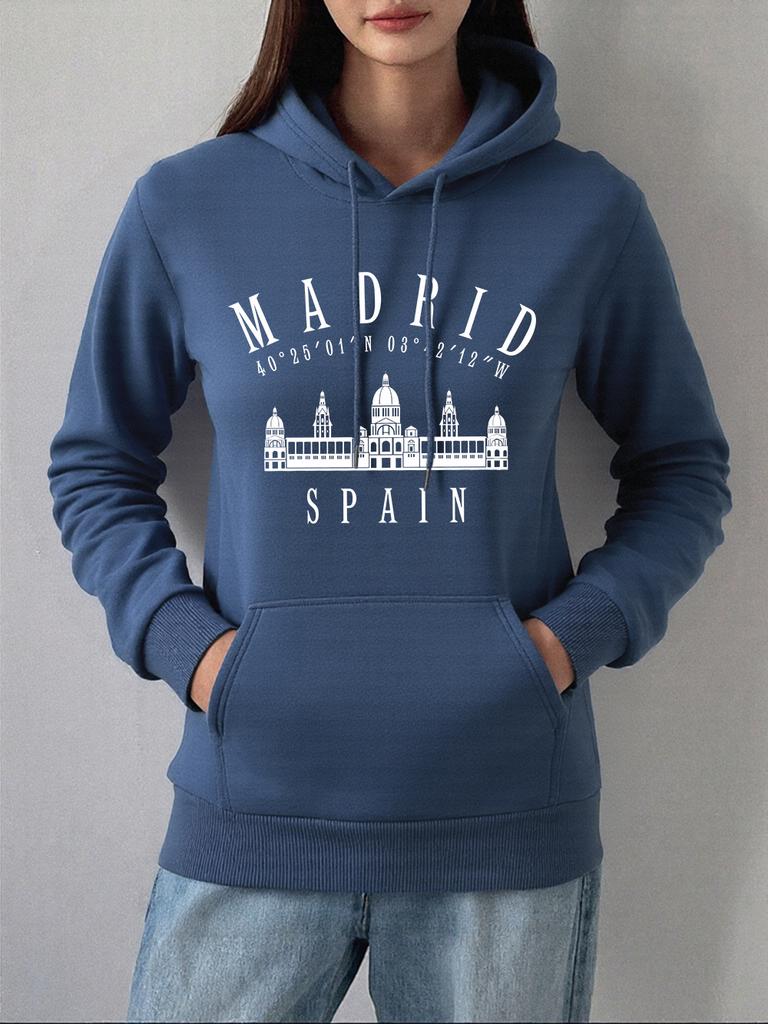 Madrid Spain Printed Hoodies Women Basics Pocket Pullovers Autumn Winter Fleece Warm Sweatshirts Casual Loose Womans Clothes