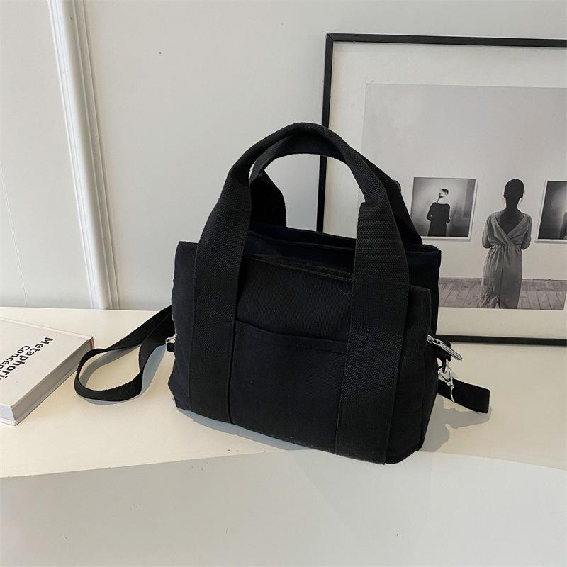 Casual Solid Color Canvas Bag Women's New Large-capacity Multi-layer Handbag Simple Tote Bag Shoulder Messenger Bag
