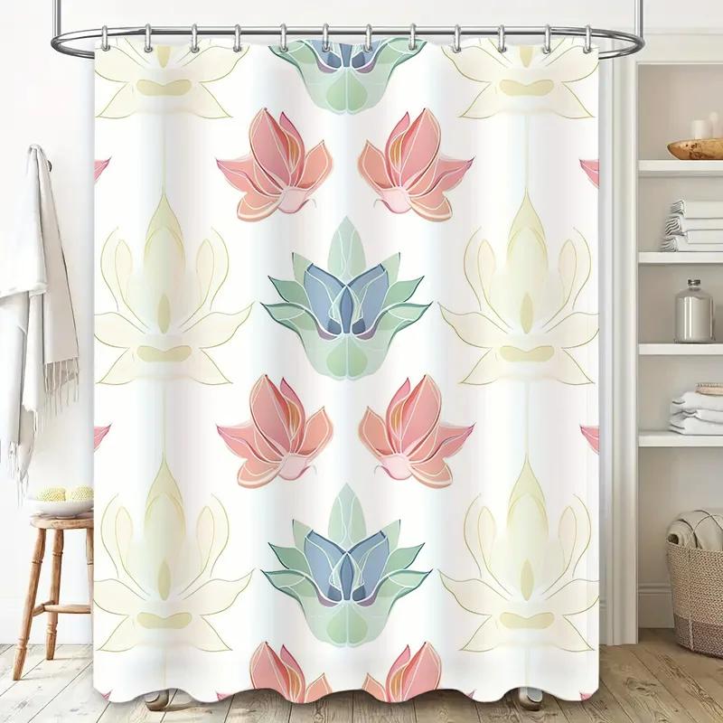 Artistic Lotus Shower Curtain Bath Decorative Wall Hanging for Home Bathroom Soft Watercolor Floral Print Fabric Waterproof