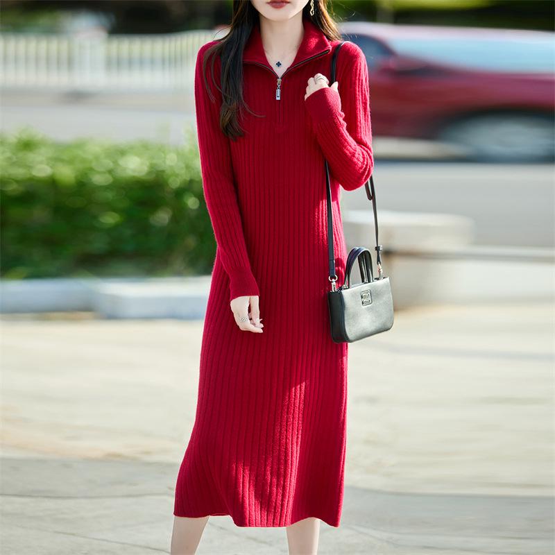 Women's Pure Wool Knit Maxi Dress - Long Sleeve, Half-Zip, Loose Fit, Solid Color, Autumn/Winter Fashion.
