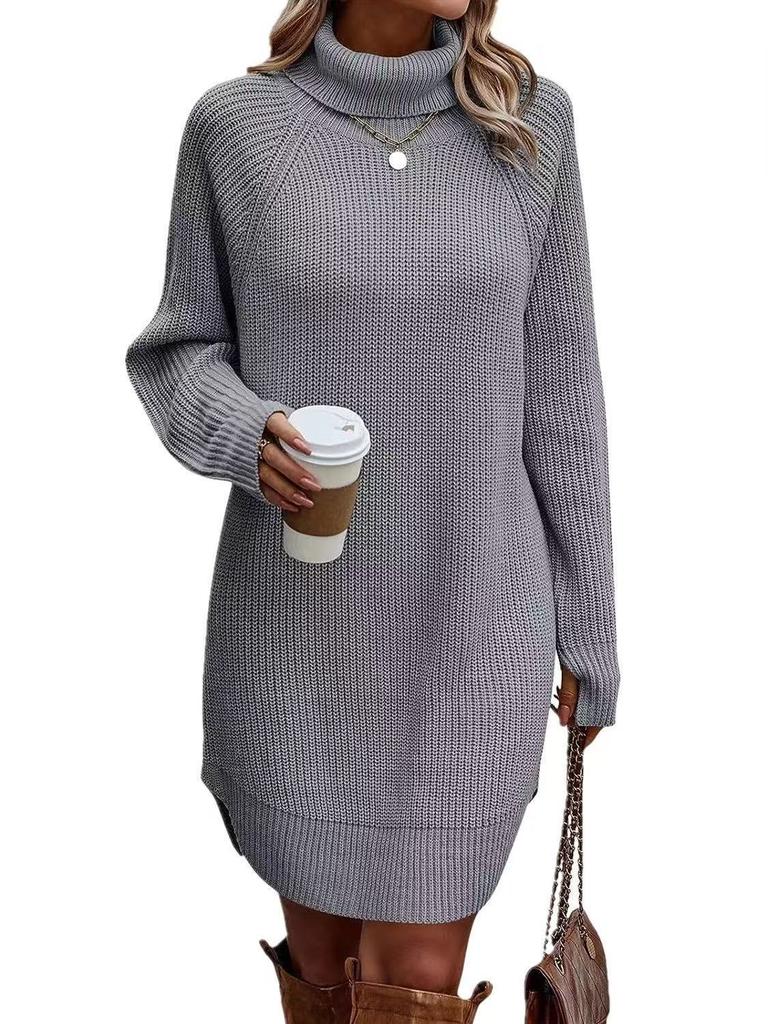 Women's High Neck Button Detail Knit Sweater Dress Loose Sleeve Mini Dress Multi Colors