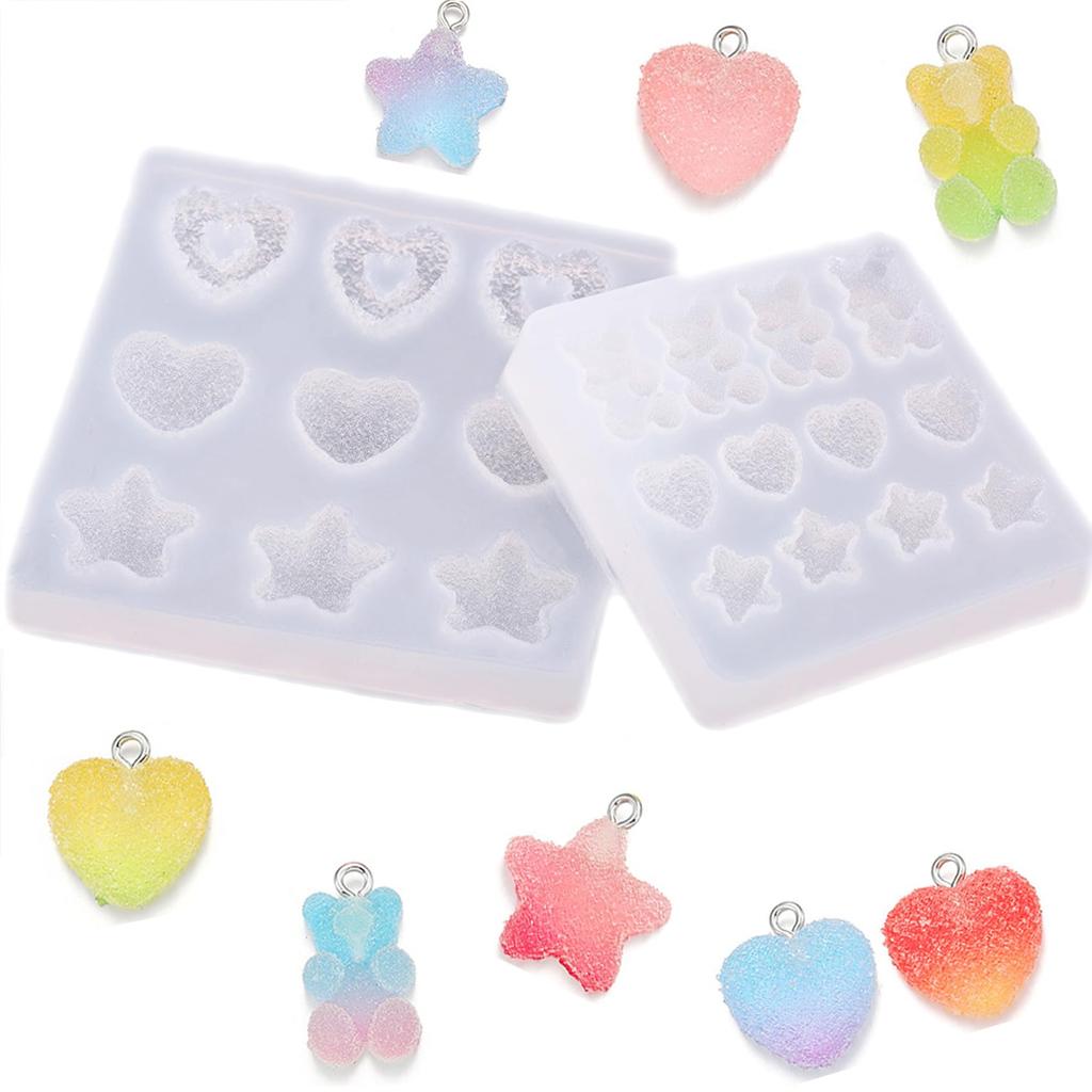 JUJUGO Silicone Molds Gummy and Bear Shapes for DIY and Jewelry Making Reusable (2-Pack) - Heart, Star, Resin, Crafts, -