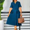 Women's Elegant V-Neck A-Line Dress - Summer 2025 Fashion, Plus Size, Short Sleeve, Waist-Slimming European & American Style