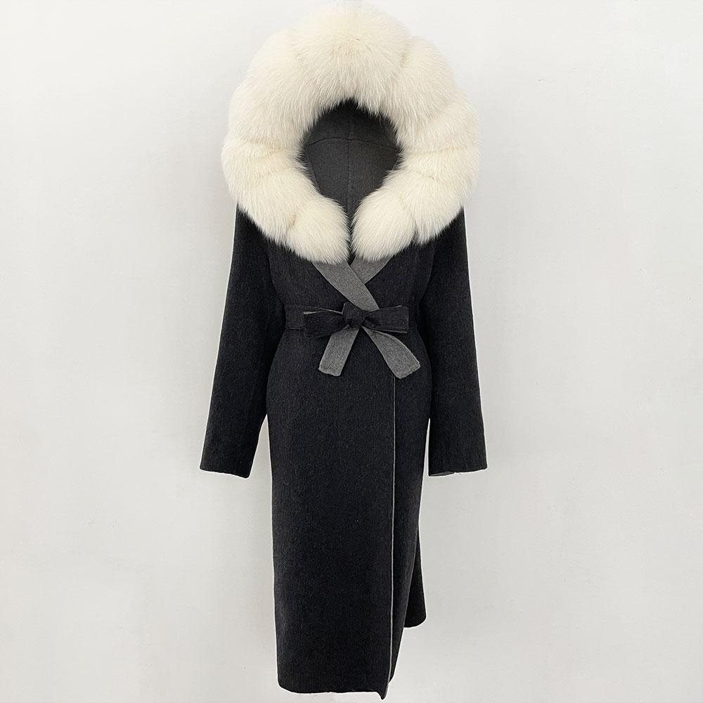 OFTBUY Winter Women Coat Real Natural Fox Fur Hooded Detachable Collar Double-faced Woolen Jacket Long Casual Elegant Overwears
