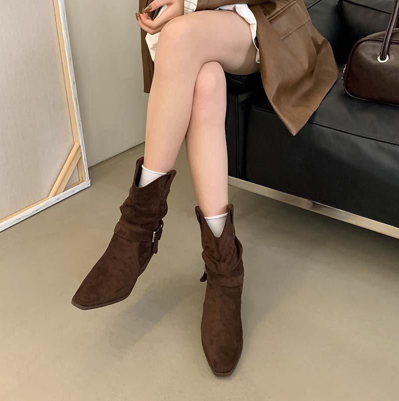 Cowhide version~ retro suede V-mouth western cowboy boots women's high-heeled pointed mid-tube boots belt buckle stacking boots
