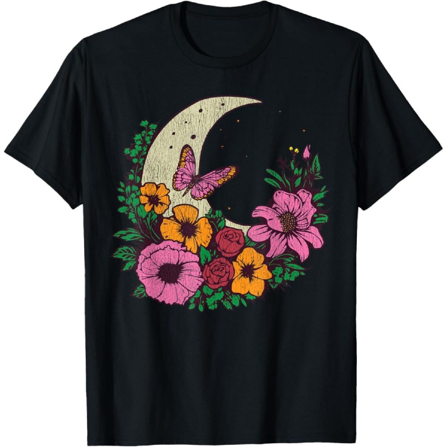 Trendy Butterfly Celestial Moon Flower Floral AI Art Print T-Shirt(1) S