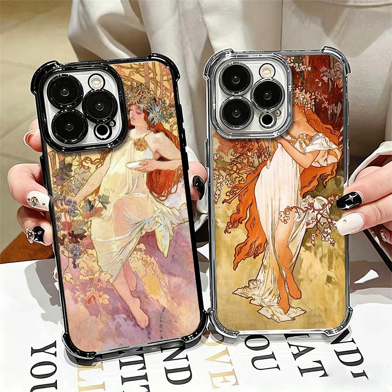 Vintage Alfons Mucha Primavera Soft Phone Case For iPhone 15 16 17 Air 14 Pro Max 16E Plus 13 12 Mini Plating Anti-Fall Fundas