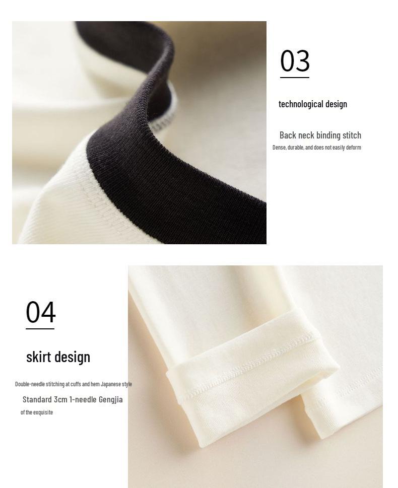 Women's Classic Black & White Color Block Crew Neck Long Sleeve T-Shirt - Spring Collection Wool Acetate Lyocell Base Layer