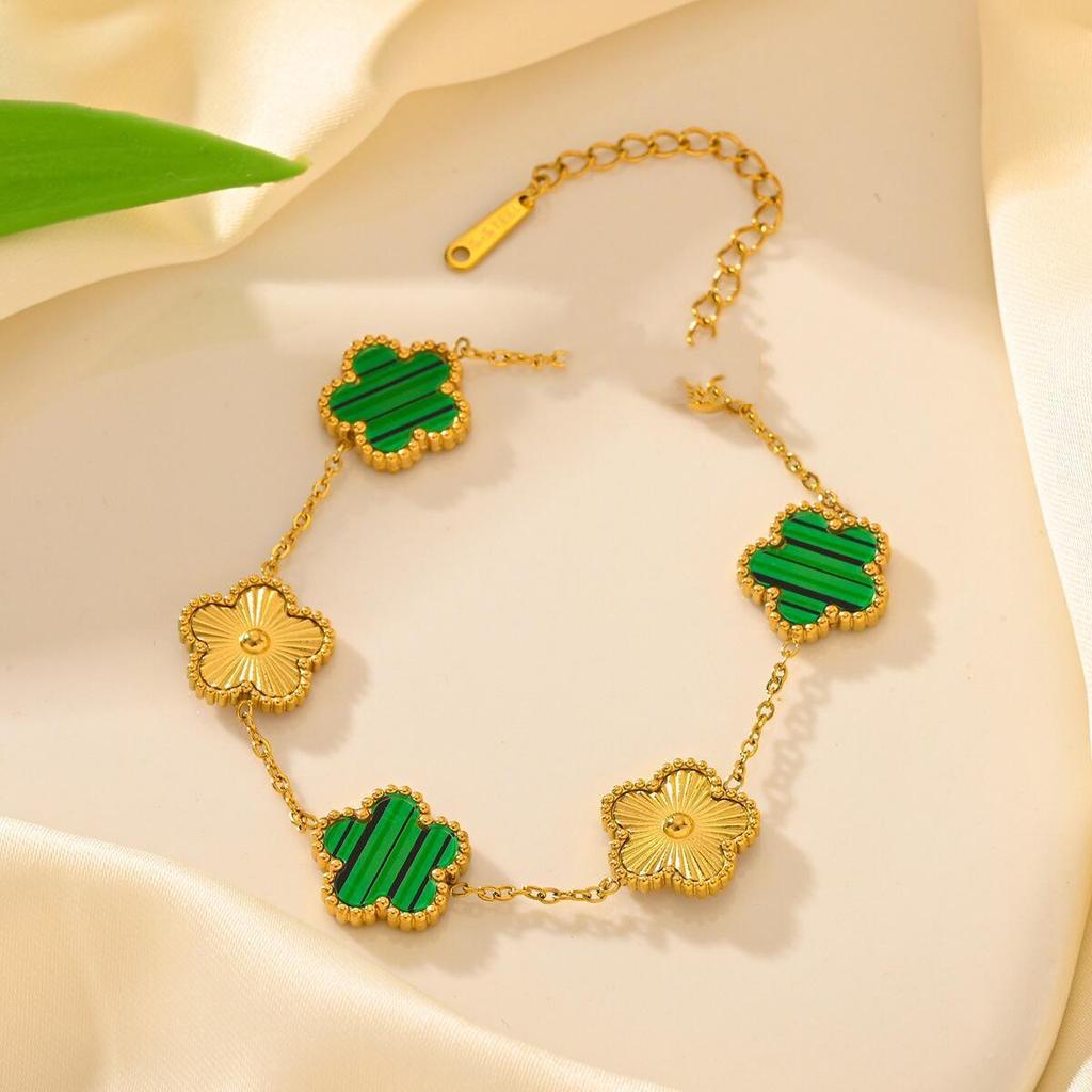 Lucky Five-Leaf Clover Beaded Bracelet for Women Classic Fashion Minimalist Gold Plated Stainless Steel Jewelry