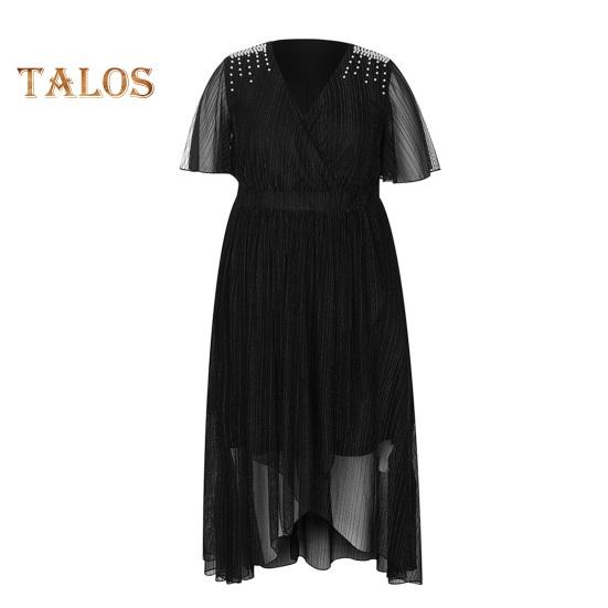 

Женское платье больших размеров с V-образным вырезом, коротким рукавом, эластичным поясом и струящимся подолом, однотонное повседневное вечернее платье средней длины XL чёрный