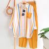 2Pcs/Set Shirt Pants Set Long Sleeve Casual Trendy Elastic Waist Breathable Daily Garment Polyester Stripes Blouse Pants Suit Spring Clothes
