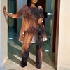 Womens Plus Size Crew Neck Three Quarter Sleeve Irregular Hem Top And Matching Printed Wide Leg Pants Two Piece Set