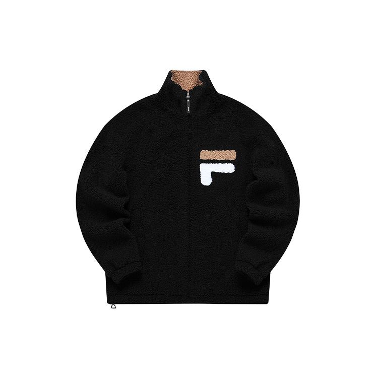 FILA Logo Casual Sports Warm Stand Collar Faux Lamb Wool Jacket Men Jacket Black F11M149505FBK
