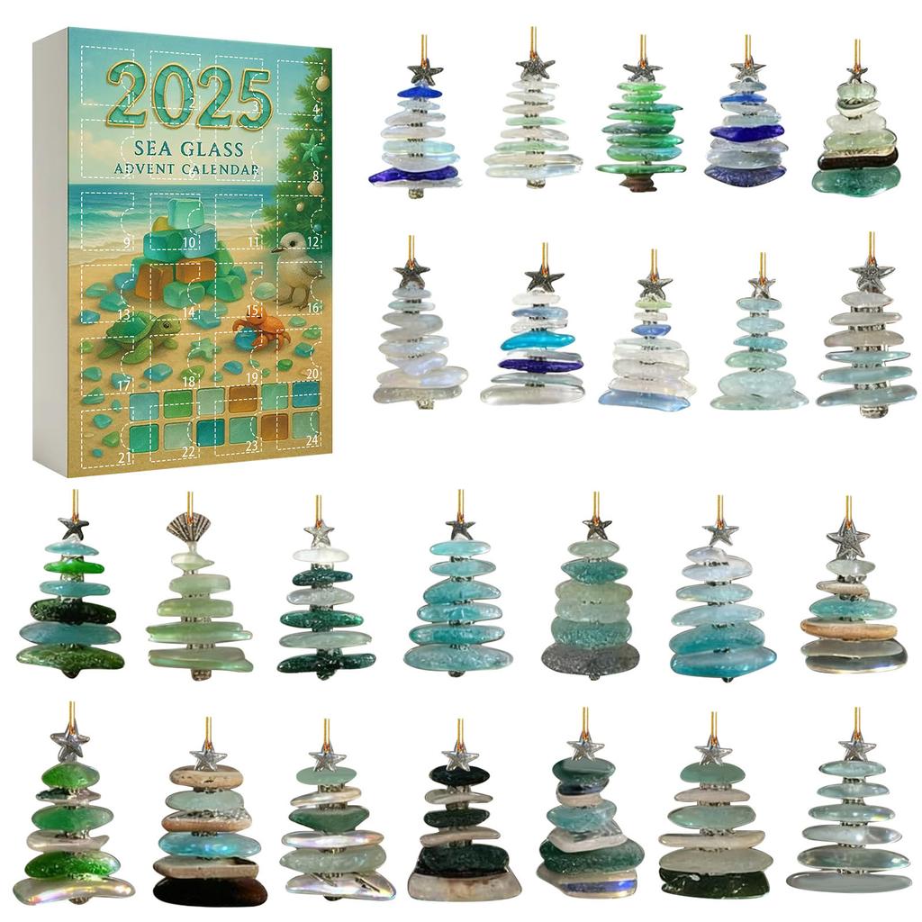 Sea Glass Christmas Tree Xmas Countdown Calendar with 24 Mini Christmas Tree Ornaments Holiday Countdown Calendar for Tree Decor