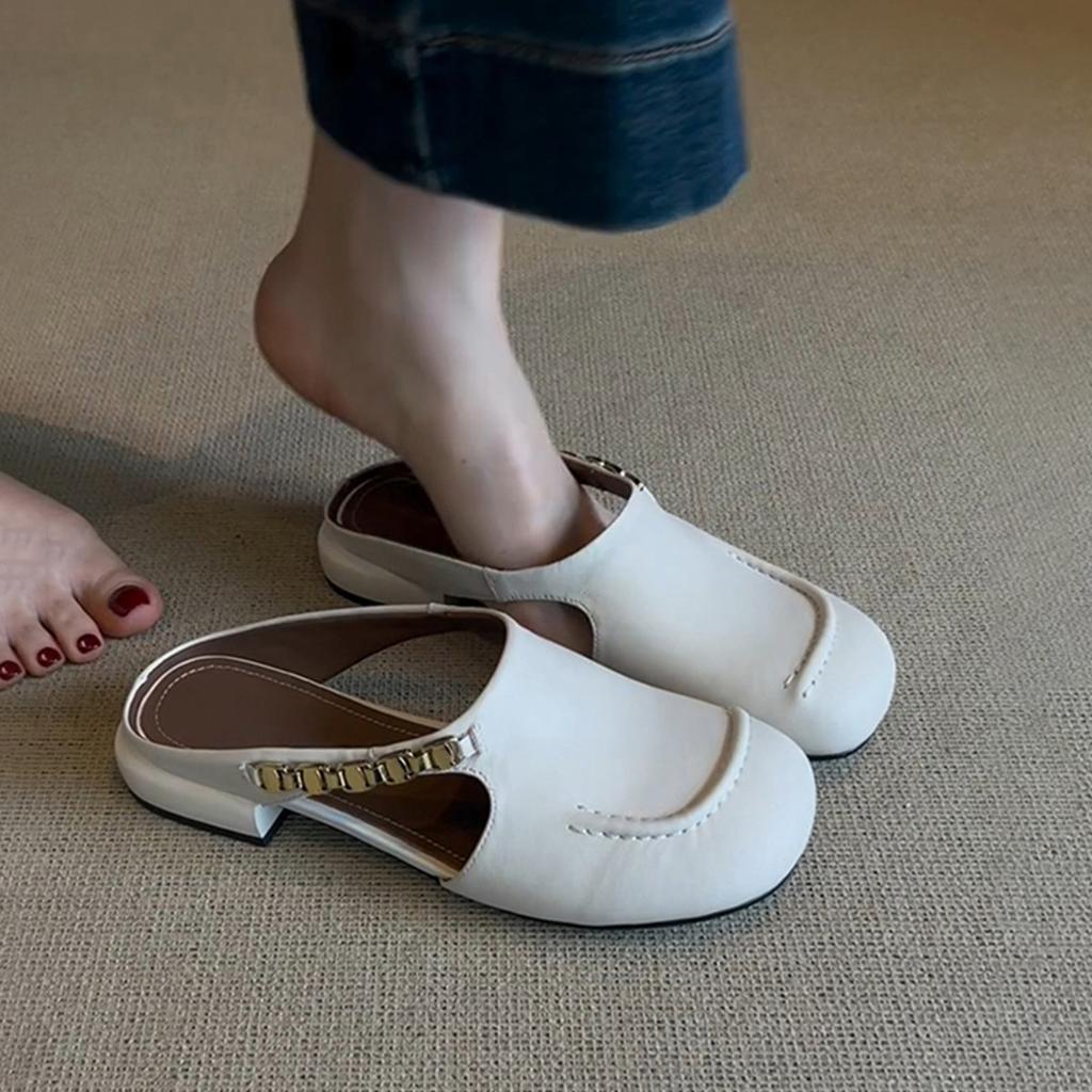 Retro metal chain hollow half-drag bag head shoes, women wear leather cool slippers with flat bottom