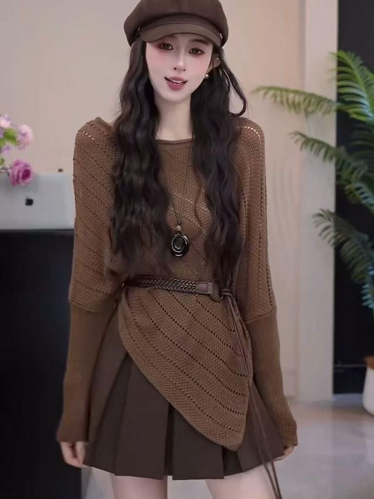 Lazy wind irregular hem hollow women's new Korean knitted top women