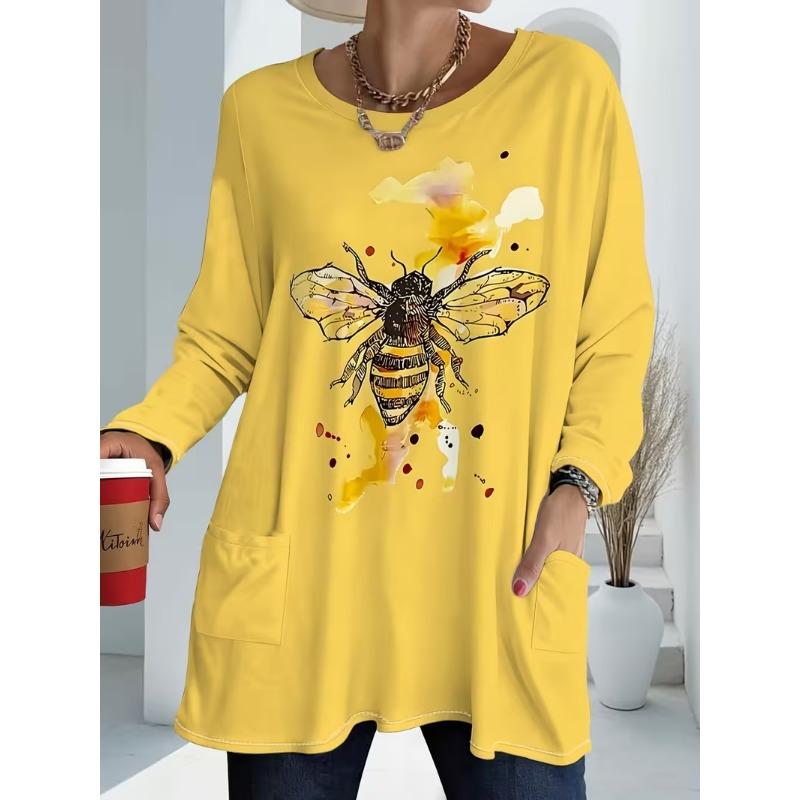 Western Autumn Winter New Women'S Printed Color-Block Pocket Long Sleeve T-Shirt