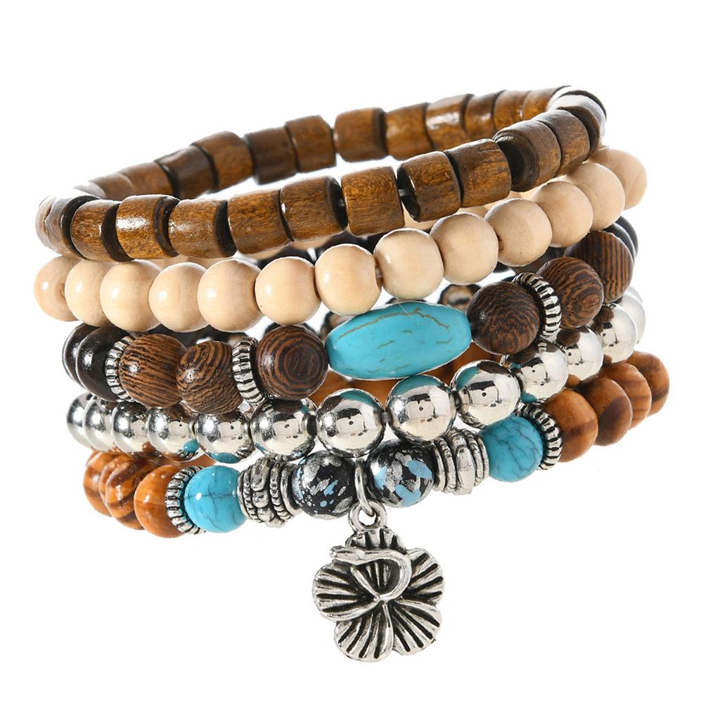 Lightweight Wooden Bead And Turquoise Handmade Bracelet For Casual Wear Bohemian Accessory for Women Girls