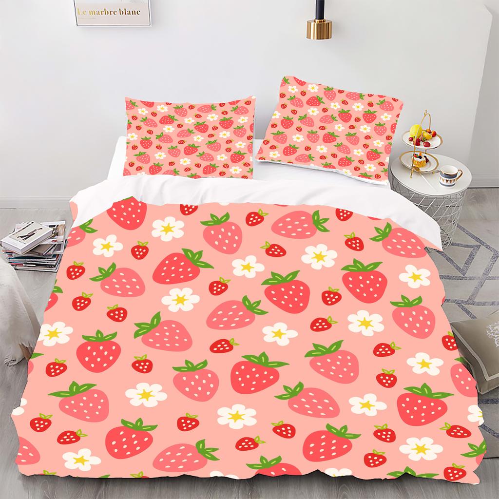 Strawberry Flower Style Digital Printed Duvet Set - Polyester - Bedroom Decor -1 Bed Cover +2 Pillowcases (no Pillow Core)