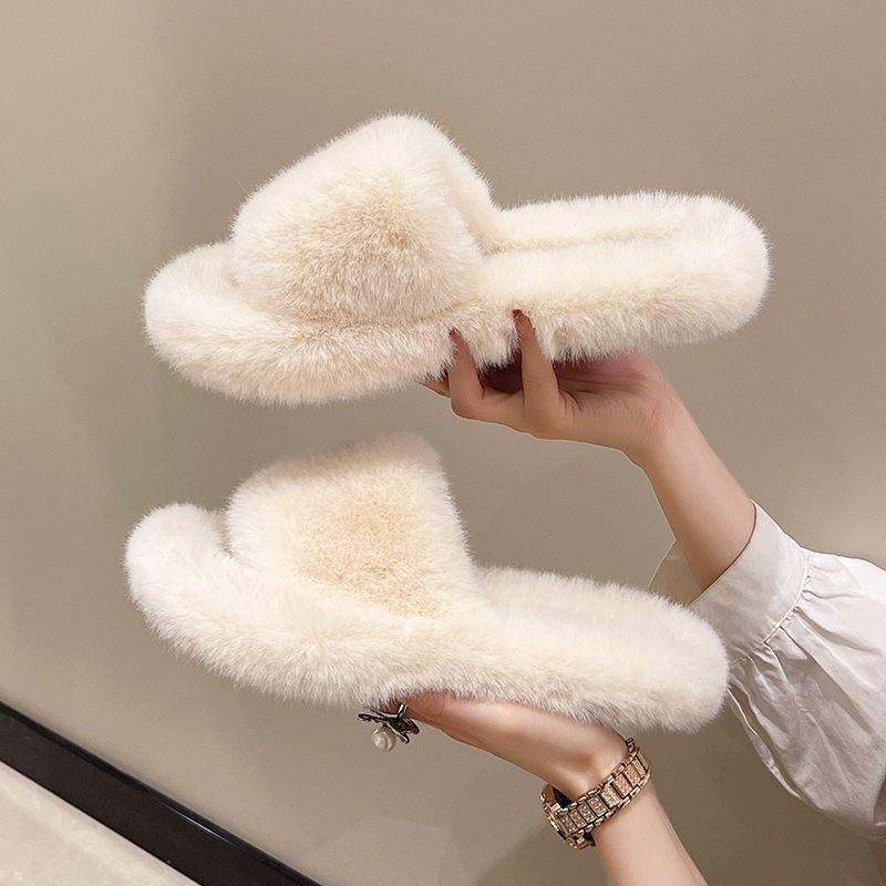 Plush fluffy fashion slippers women wear thick-soled fluffy dragging red shoes spring and autumn fluffy network 2025 autumn and winter new models