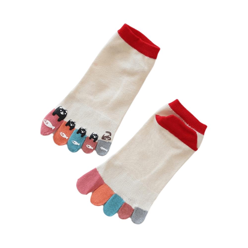 Breathable Tabi Toe Socks Funny Cat Pattern Seperated Toe Socks Athletic Ankle Socks  Casual Use