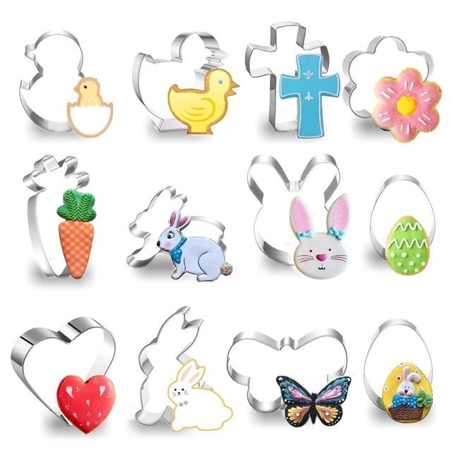 Stainless Steel Easter Bunny Cookie Cutters Set of 12 - Rabbit, Egg, Chick, Carrot Shapes for Baking, Pastry Molds