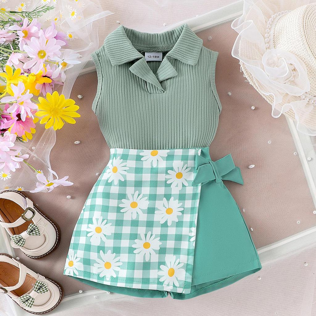 Mädchen Mode Anzug Sommer Kinder Revers Ärmelloses Top + Plaid Patchwork Hosen Rock Anzug