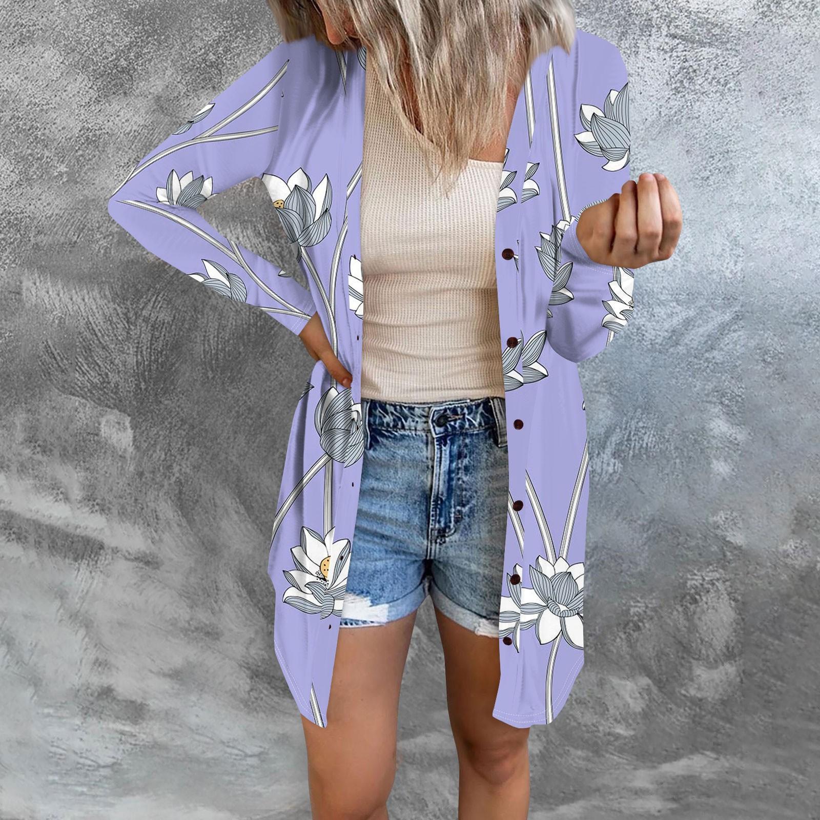 

Женский повседневный кардиган с длинным рукавом и цветочным принтом с карманом L синий