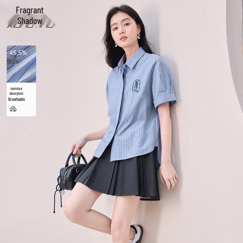 Xiangying Academic Style Blue Striped Short Sleeve Shirt XL