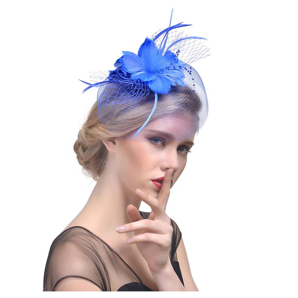 Women Flower Mesh Ribbons Feathers Headband Cocktail Tea Party Hat Headwear
