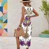 Women Plus Size Sleeveless U Neck Black Printed Dress High Side Slit Curved Hem