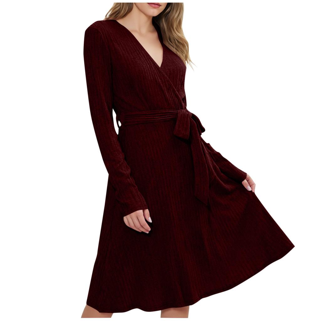 Women's Fashionable Loose-Fit V-Neck Long-Sleeve Tie-Detail Casual Dress