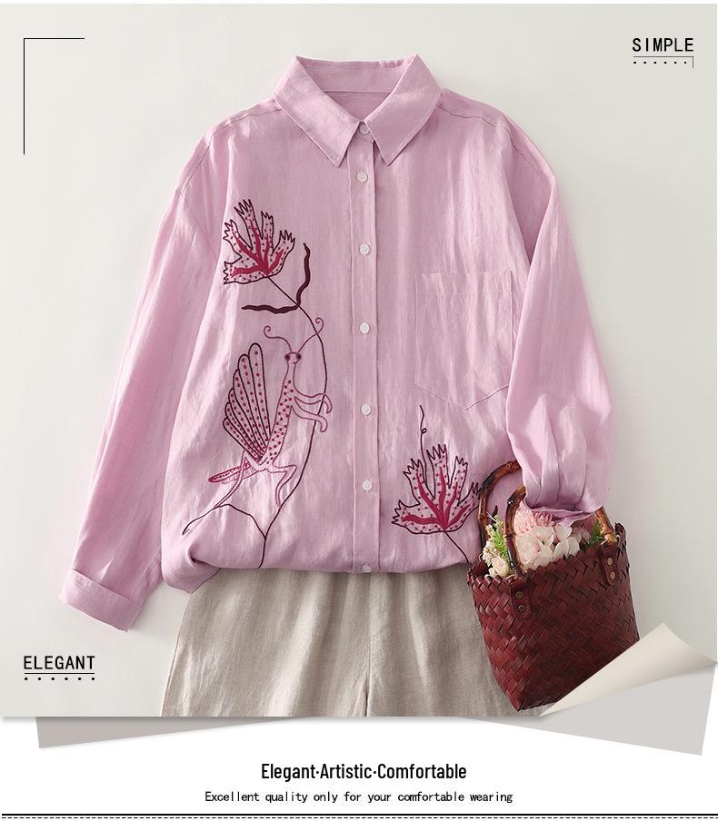 Spring Luxury French Chic Pink Embroidered Long-Sleeve Women's Shirt