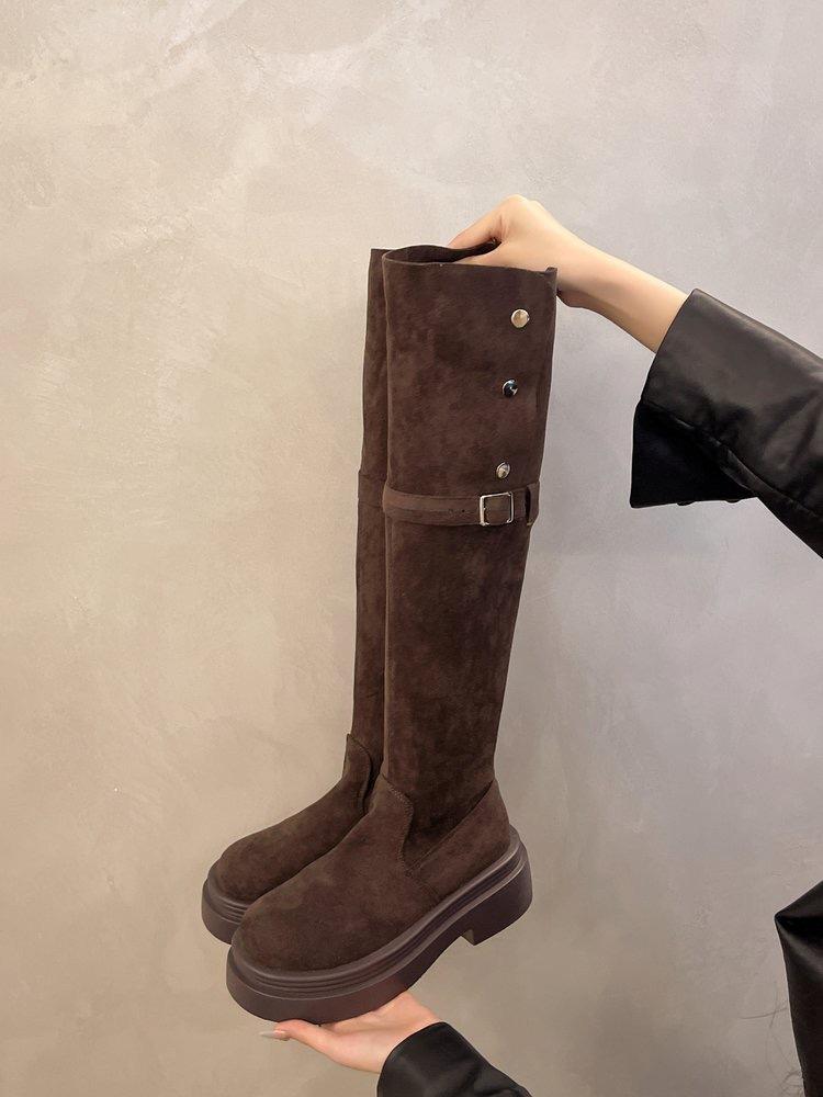 

Маленький человек, но матовые французские сапоги до колена женские 2025 осень и зима ретро высокие трубы пряжка ремень рыцарские сапоги женские 40 коричневый