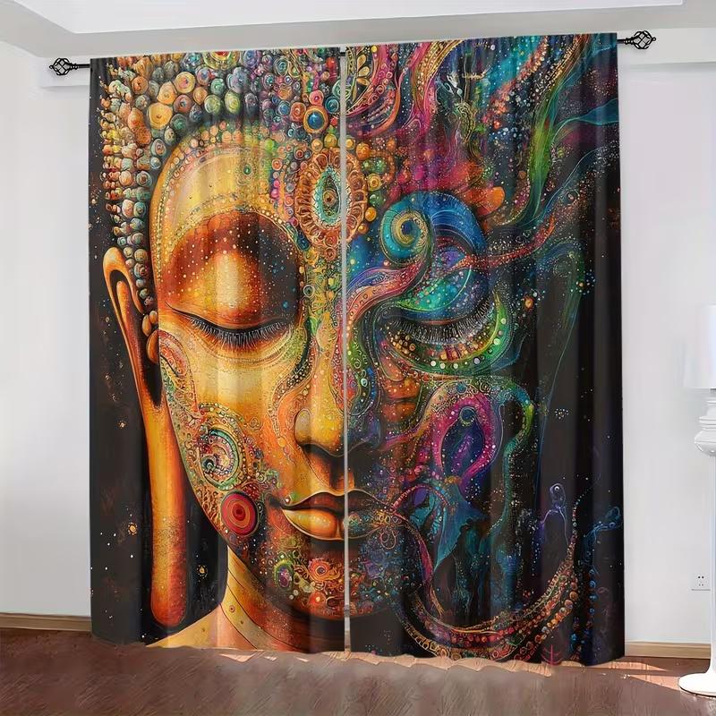 Tonnika Chen Buddha Statue Peacock Print Curtains Suitable Bedroom Living Room Kitchen Decoration Home Window Curtain Set Of 2 Made Polyester Washable Ready