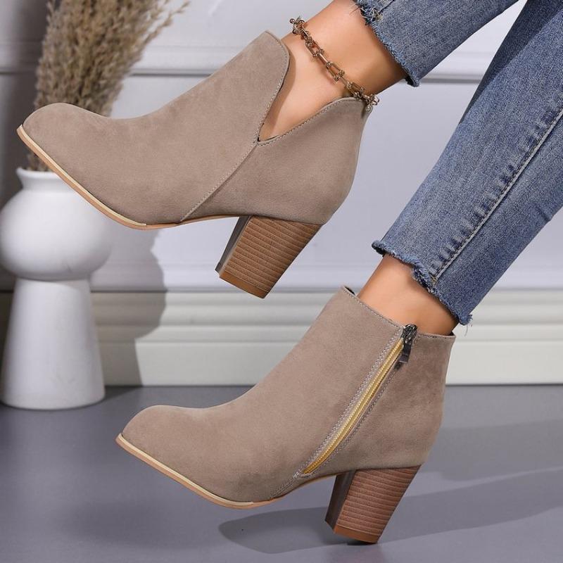 

Large size nude medium heel fashion boots autumn and winter new short tube outer wear side zipper versatile women s boots 41 хаки