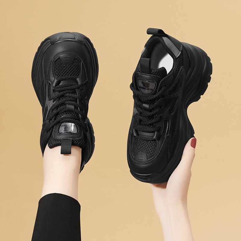 Samtige Dad-Sneaker für Damen – lässig, modisch, vielseitig, dicke Sohle, weiches Leder, Laufschuhe, schwarz, Reiseschuhe für Herbst und Winter