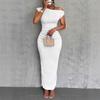 Women's Asymmetric Off Shoulder Short Sleeve Textured Ruched Side Bodycon Maxi Solid Casual Dress