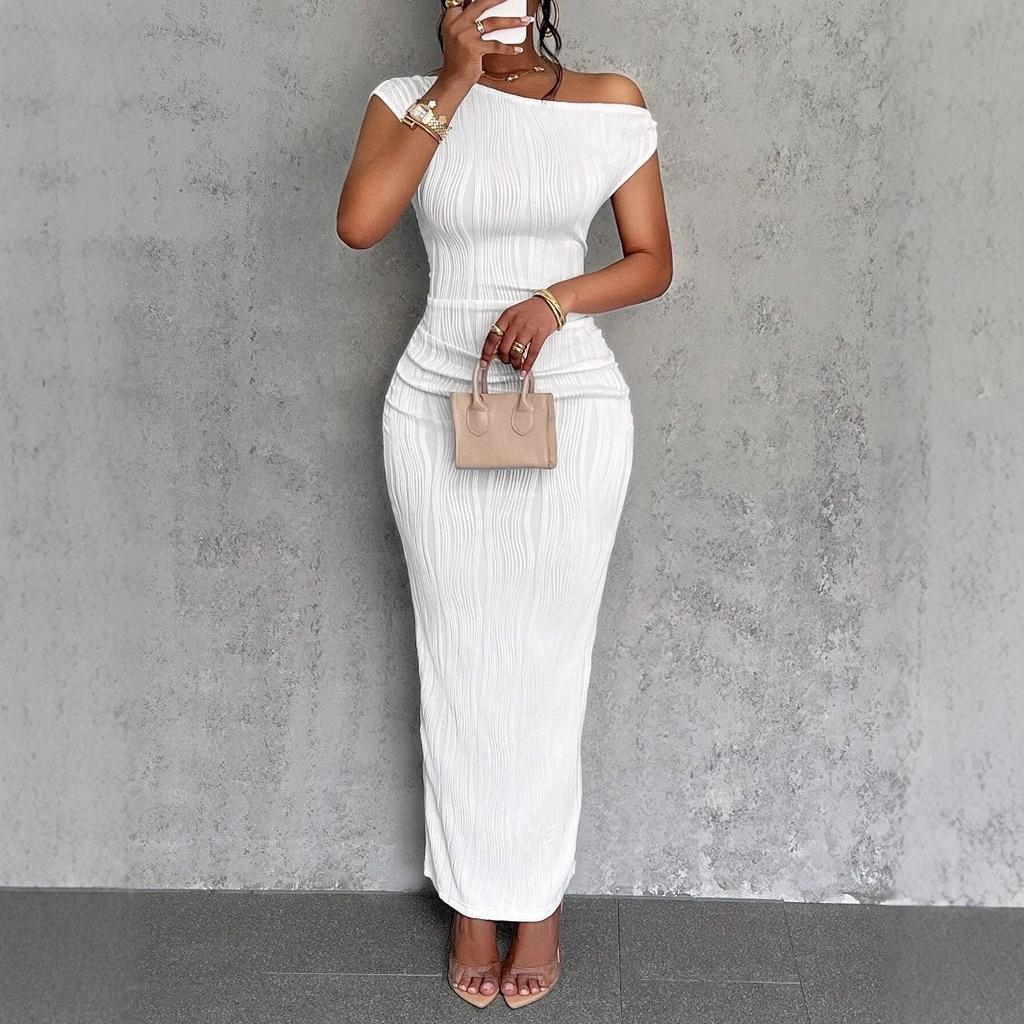 Women's Asymmetric Off Shoulder Short Sleeve Textured Ruched Side Bodycon Maxi Solid Casual Dress