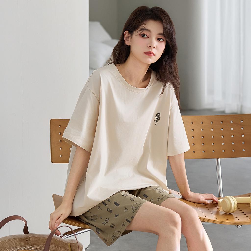Pajamas women's summer cotton comfortable short-sleeved shorts simple white printing Korean outer wear women's loungewear set