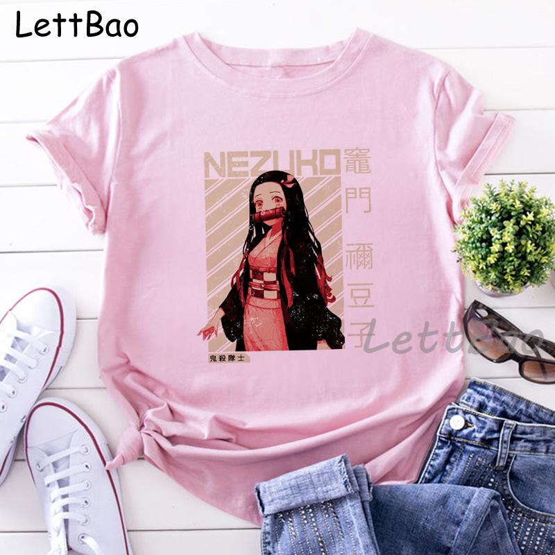 Nezuko Kimetsu No Yaiba Funny Graphic Pink T Shirts Women Vintage Anime Print Tee Shirt 90S