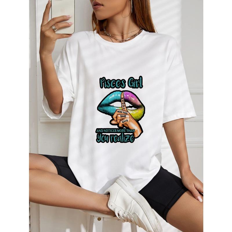 White T Shirt With Pisces Girl Rainbow Lips And Text Design For Casual Wear
