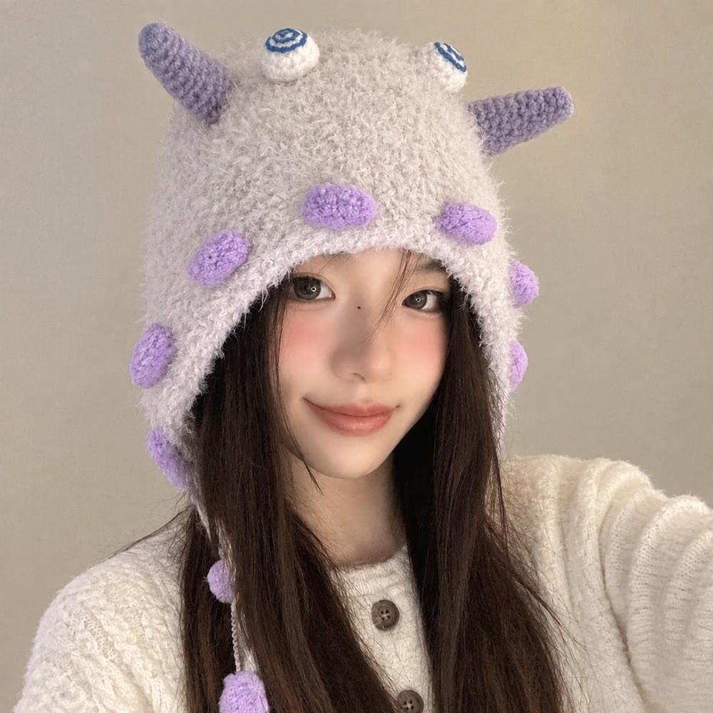 Ear Protection Little Monster Hat Windproof Pullover Caps Cute Plush Knitted Hat Autumn Winter