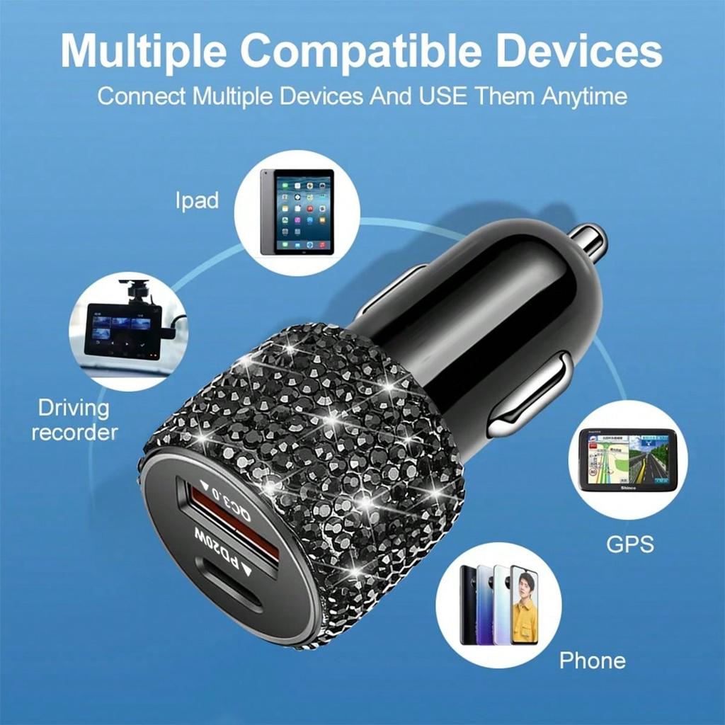 1pc Bling Bling Rhinestone Studded Car Charger, Fast Charging, USB A/C Car Phone Charger, Heart-Shaped LED Display Rhinestone Car Charger Adapter