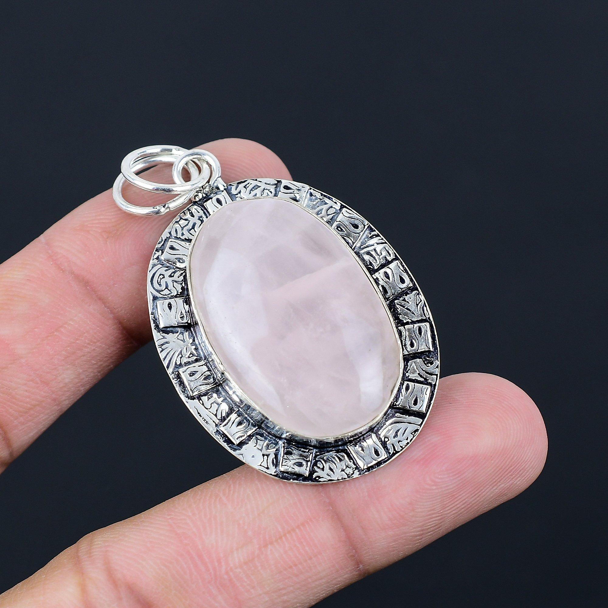 925 Sterling Silver Rose Quartz Gemstone Heart Chakra Artisan Pendant Jewelry