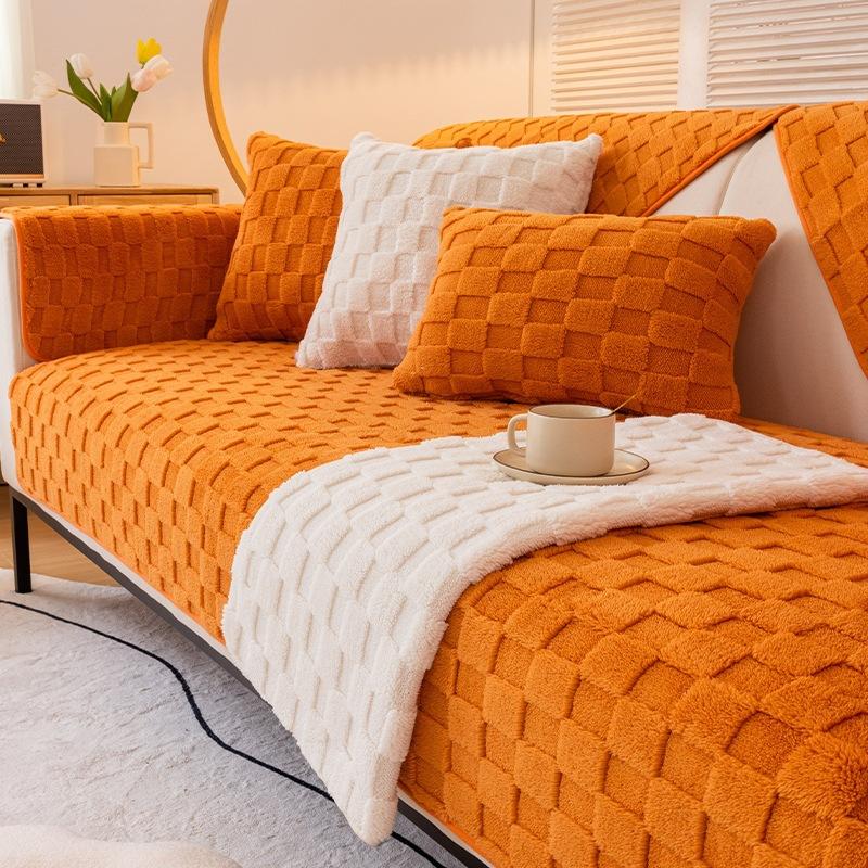 

Winter Plush Warm Sofa Cushion Minimalist Style Non-slip Seat Cushion Solid Color Lamb Wool Thickened Sofa Cover 90*160cm