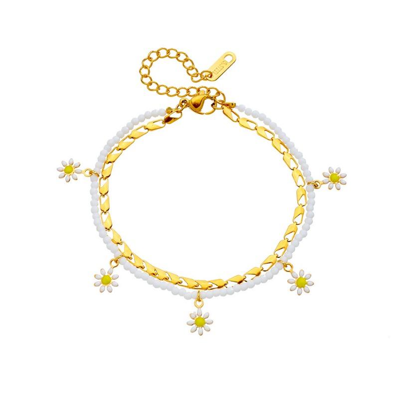 Gold Plated Layered Daisy Anklet, Dainty Paperclip Chain with White Beads & Enamel Daisy Charms, Cute Summer Foot Jewelry for Women Gift