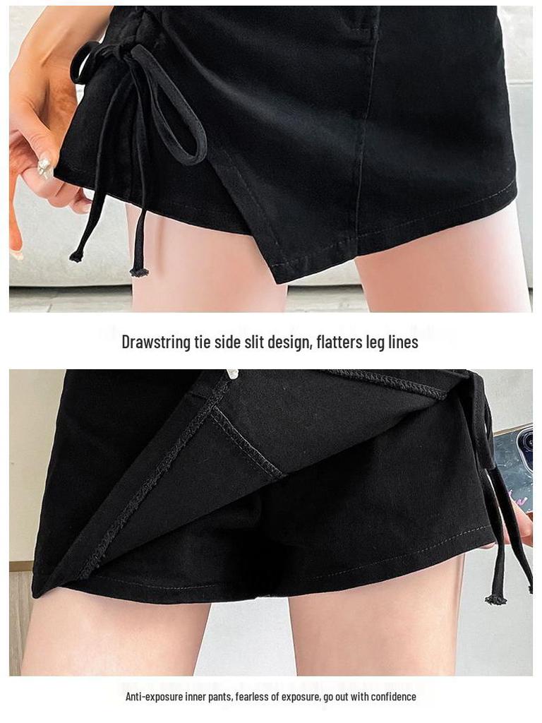 Summer Black High Waist Ruched Mini Skirt for Women - Slimming, Irregular A-Line Design, Polyester
